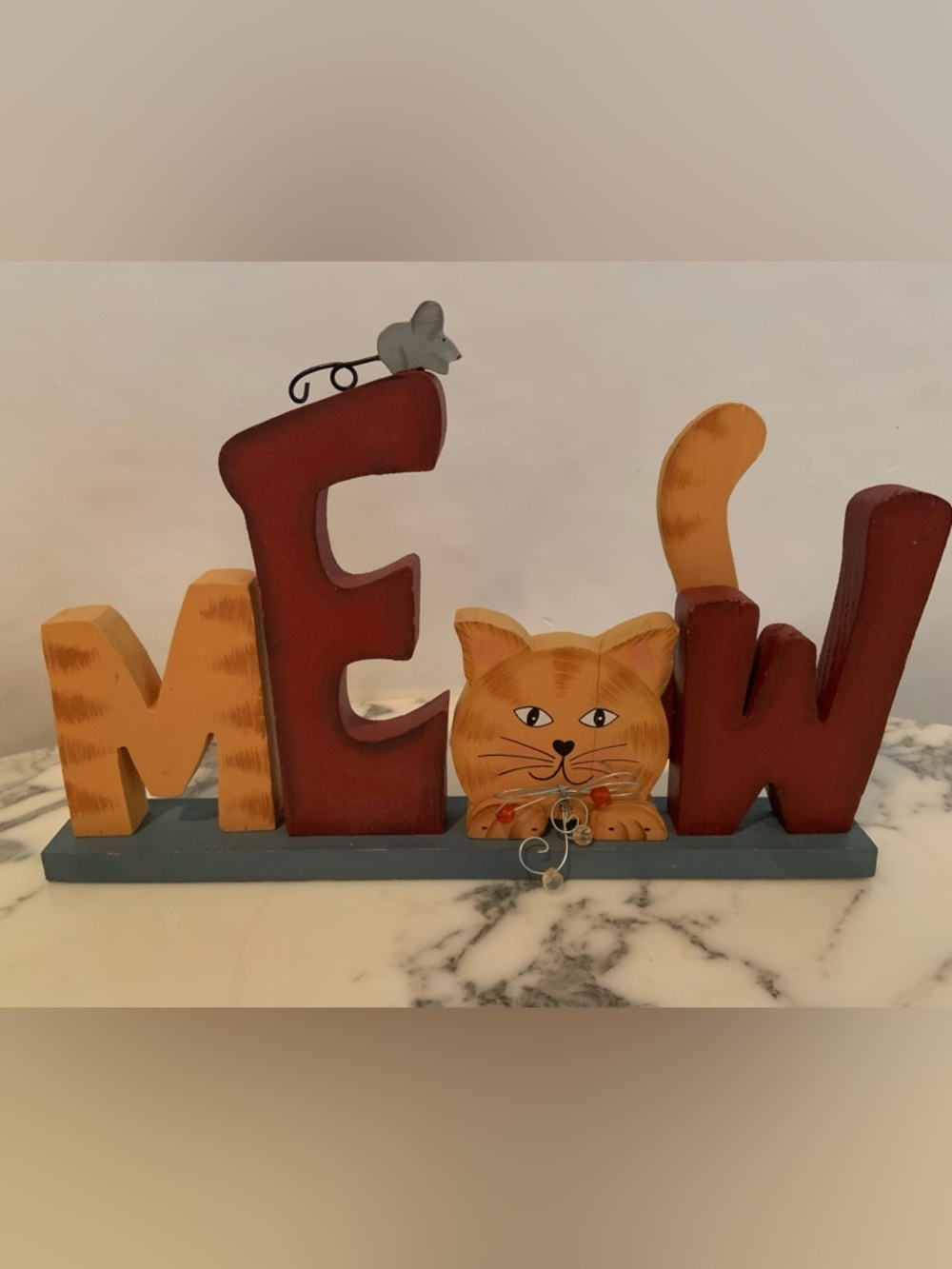 Vintage Hand Painted Wood “MEOW” Cat Sign Shelf Sitter Whimsical Folk Art